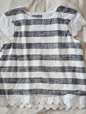 Doe A Dear Striped Linen Blend Top with Lace Trim Navy & White Toddler Girls 3T